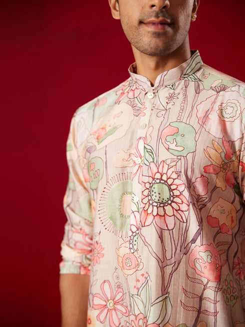 Men's Multi Color Base Cream Cotton Blend Kurta Pyjama Set